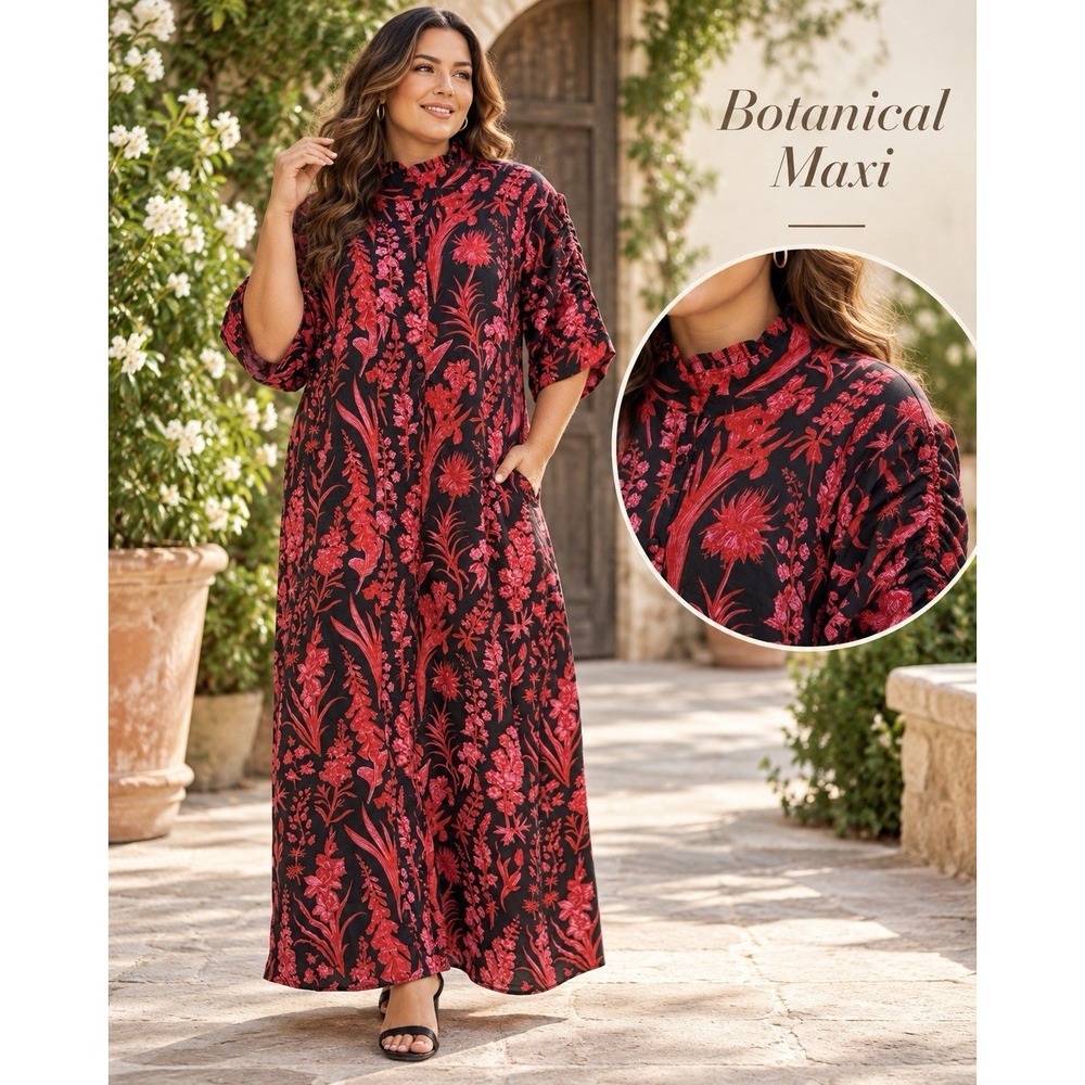 Victoria Dunn Maxi Dress 3XL Black Red Floral Cotton Ruffle Neck Ruched Sleeves